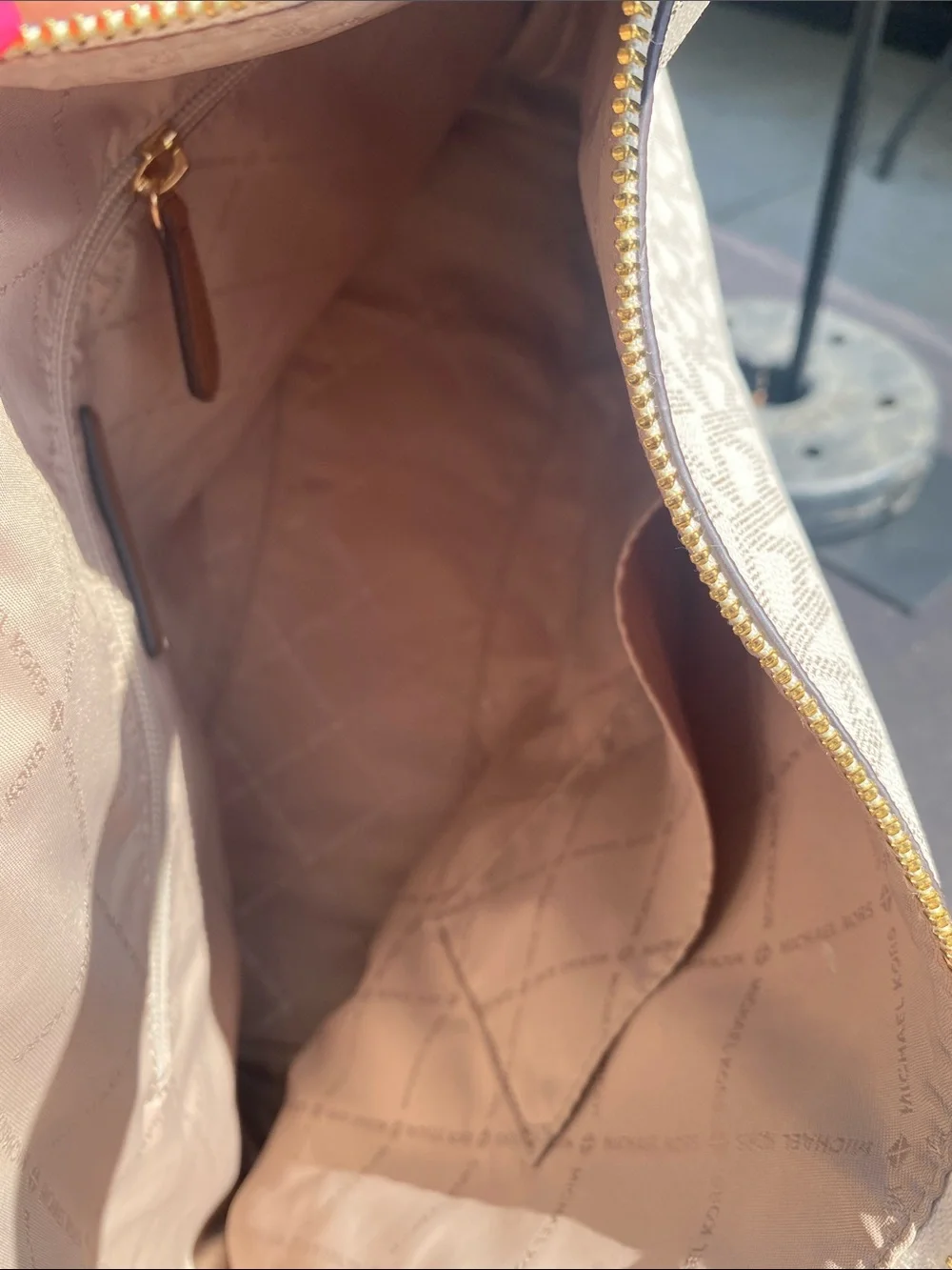 Michael Kors Beige MK Monogram Shoulder Tote with Brown Trim - Picture 3 of 3